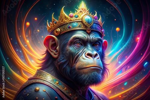 Majestic King Ape Character with Crown in NFT Style Surrounded by Colorful Long Exposure Effects and Abstract Backgrounds, Perfect for Digital Art and Gaming Enthusiasts photo