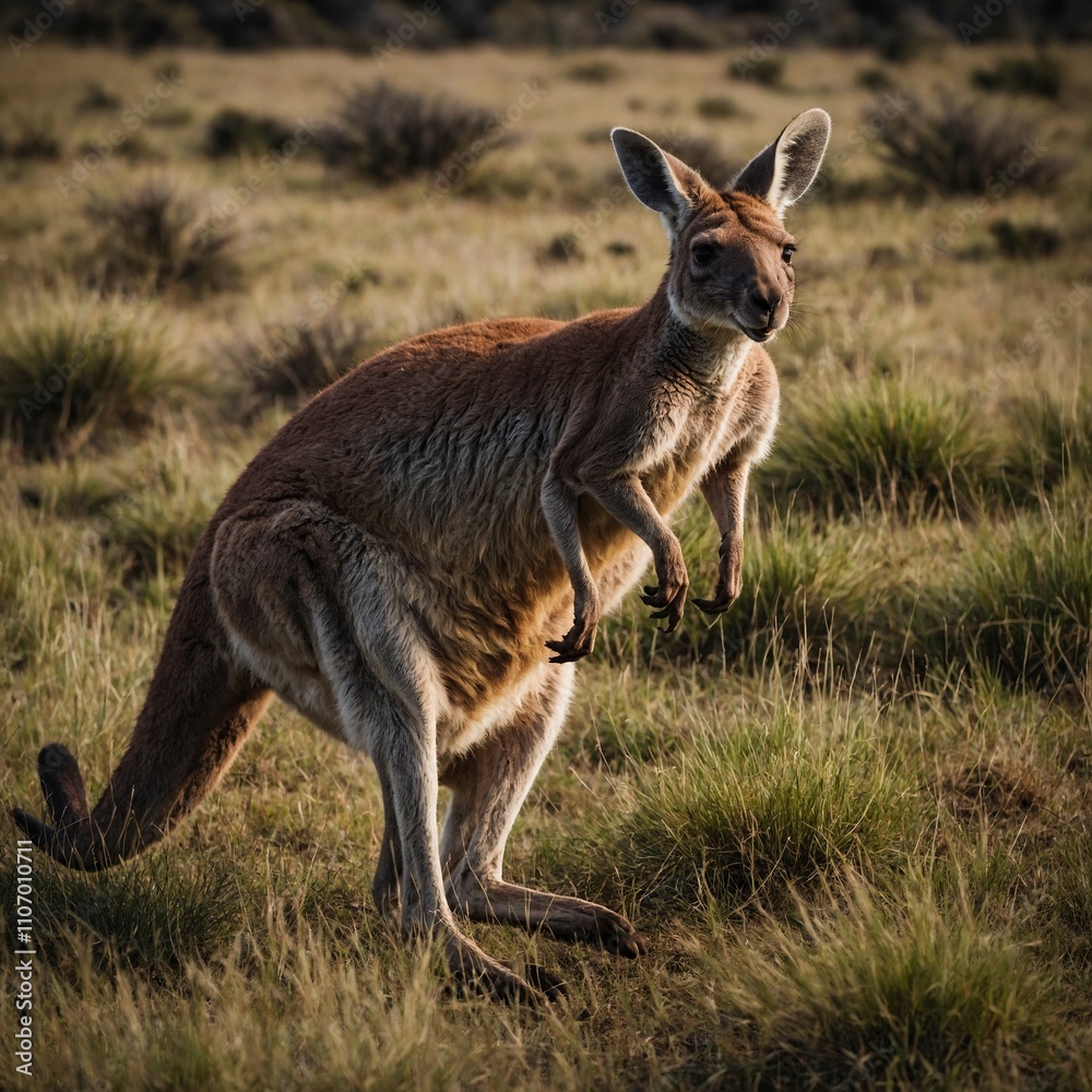 A kangaroo hopping through sparse grass, its powerful legs mid-motion. A kangaroo hopping through sparse grass, its powerful legs mid-motion.