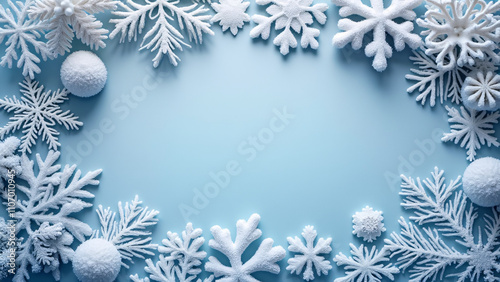 Top view photo of a winter composition with frosty textures and cool color scheme