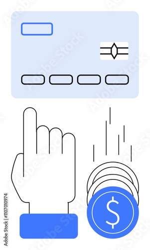 Hand pointing at a credit card with coins falling nearby, representing online transactions and payments. Ideal for financial services, e-commerce, digital wallets, banking, mobile payments, fintech