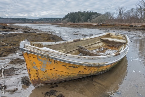 Rustic yellow boat rests on the shore of a calm estuary surrounded by trees under a cloudy sky in early evening light