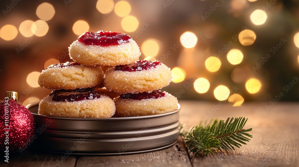 Christmas thumbprint cookies stacked in a festive tin, glossy red and green jam filling glows under the sparkle of nearby Christmas tree lights Christmas thumbprint cookies stacked in a festive tin, glossy red and green jam filling glows under the sparkle of nearby Christmas tree lights