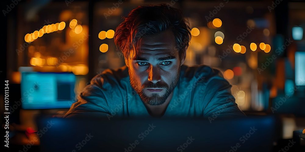 A focused individual working late at a computer, illuminated by soft ambient lights. A focused individual working late at a computer, illuminated by soft ambient lights.