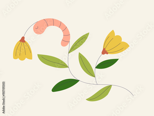Worm on a Flower: A whimsical illustration of a worm gracefully perched on a delicate flower, symbolizing the beauty found in unexpected places.  