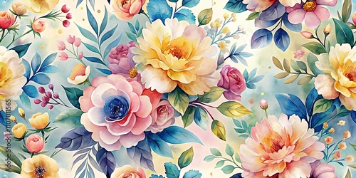 Fototapeta Naklejka Na Ścianę i Meble -  Vibrant Watercolor Floral Pattern Featuring a Lush Arrangement of Roses, Peonies, and Other Blossoms in a Seamless Design