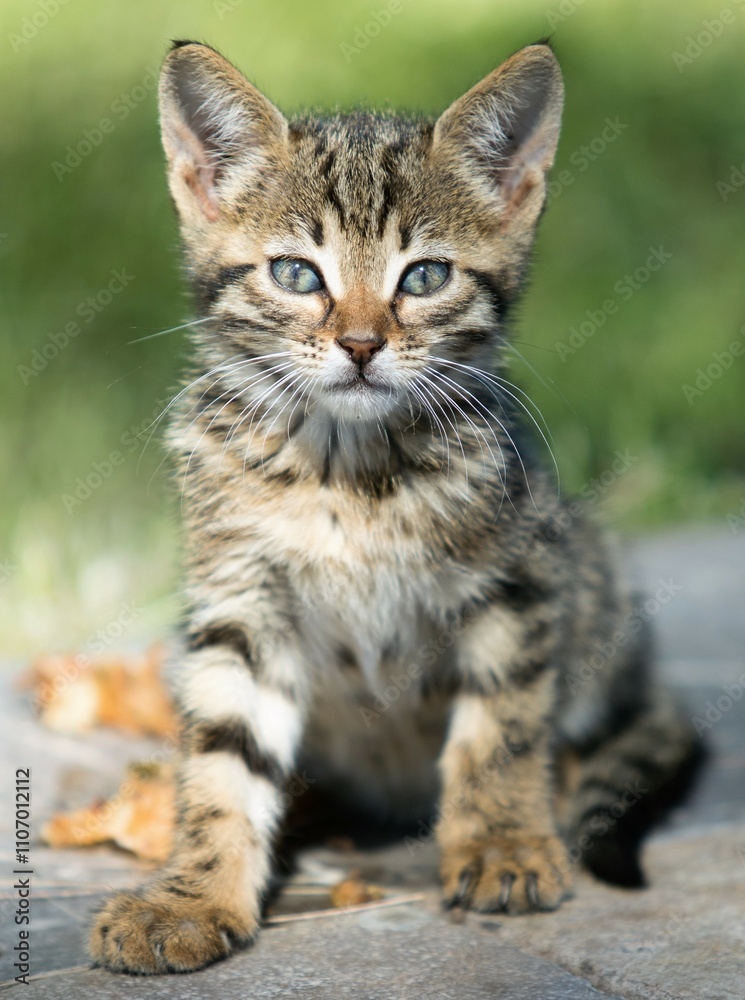A kitten with green eyes is sitting on a stone surface A kitten with green eyes is sitting on a stone surface