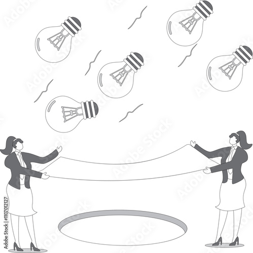 Two businesswomen holding a trampoline safety netting, life net, jumping sheet to rescue a falling idea light bulb