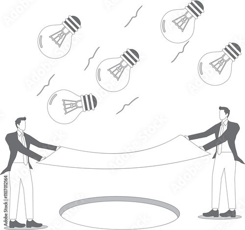 Two businessmen holding a trampoline safety netting, life net, jumping sheet to rescue a falling idea light bulb