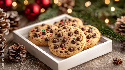 Christmas-themed cookie display, with chocolate chips and red-green sprinkles, surrounded by pine cones and festive decorations