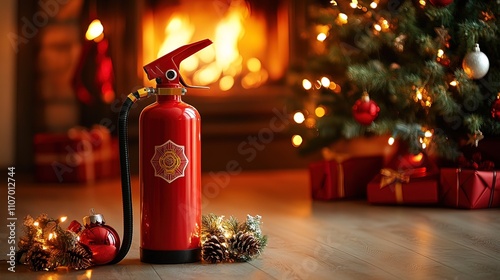 A red fire extinguisher in front of a fireplace and Christmas tree with presents.