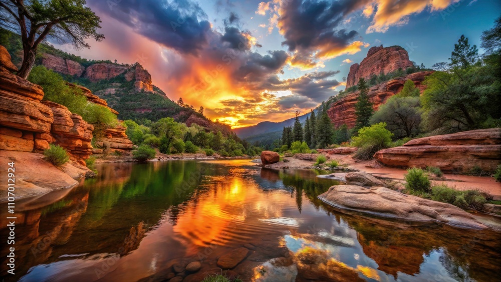 Stunning Silhouette Photography of Slide Rock State Park Swimming Hole at Sunset, Featuring Majestic Red Rock Formations, Clear Water and Lush Greenery for Nature Lovers and Adventure Enthusiasts Stunning Silhouette Photography of Slide Rock State Park Swimming Hole at Sunset, Featuring Majestic Red Rock Formations, Clear Water and Lush Greenery for Nature Lovers and Adventure Enthusiasts