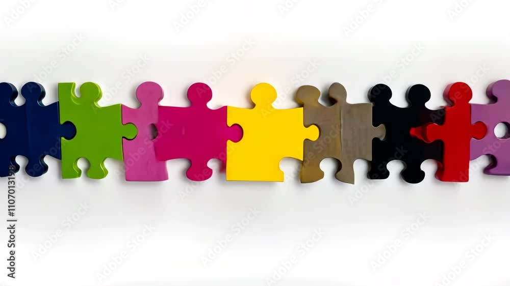 A row of puzzle pieces with different colors and sizes A row of puzzle pieces with different colors and sizes