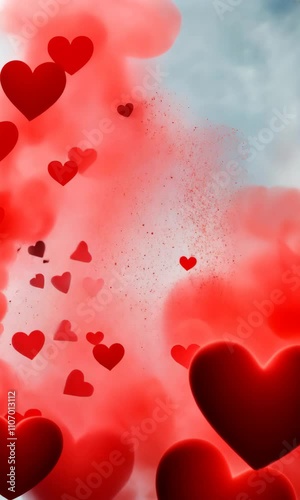 A red cloud of smoke with many hearts scattered throughout it