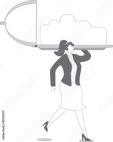 Businessewomen carrying a huge plate with a cloud above it