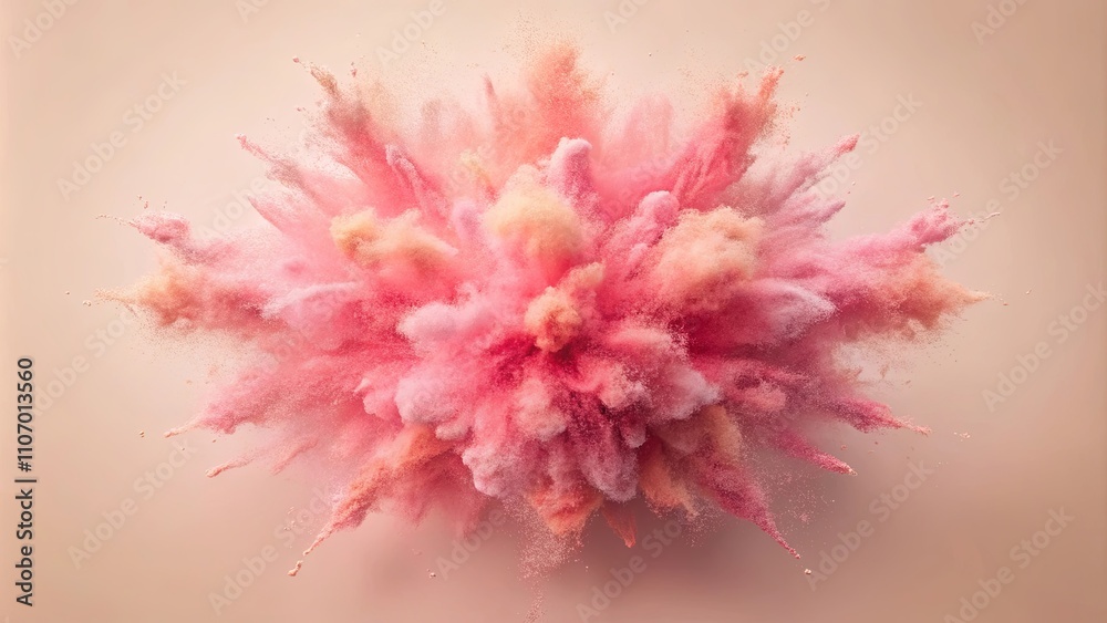 Naklejka premium A vibrant explosion of pink and peach powder, a dynamic burst of colorful particles against a neutral backdrop