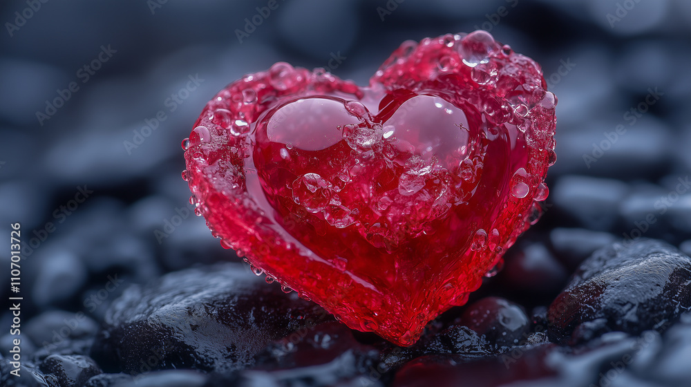 Glossy Red Heart with Water Droplets on Dark Stones Glossy Red Heart with Water Droplets on Dark Stones
