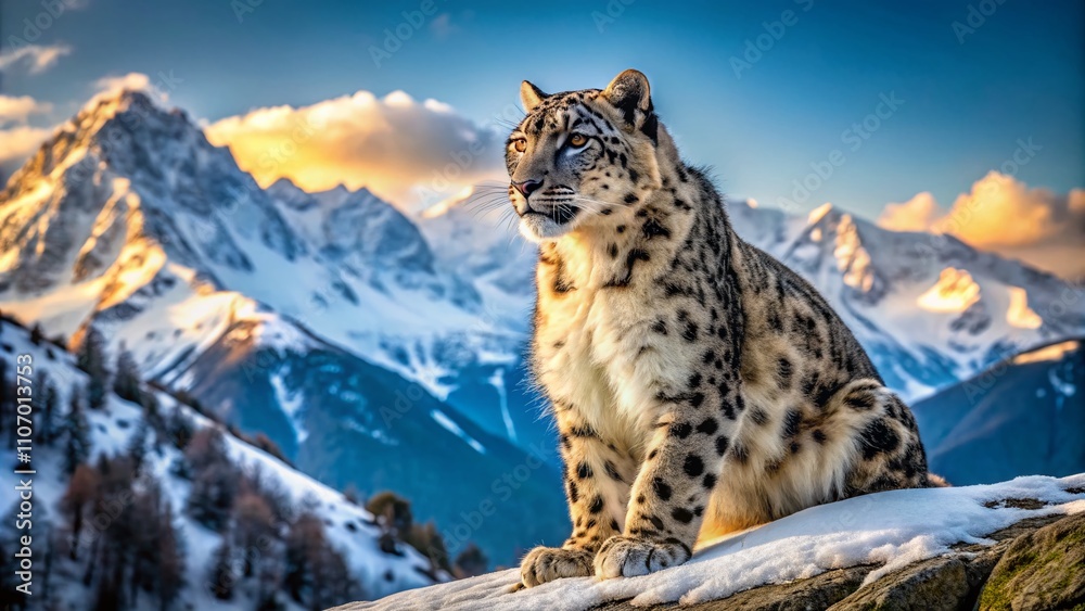 Fototapeta premium Majestic Snow Leopard Gazing Proudly Left in Candid Wildlife Photography Capturing the Essence of Nature's Beauty and Strength in a Serene Mountain Environment