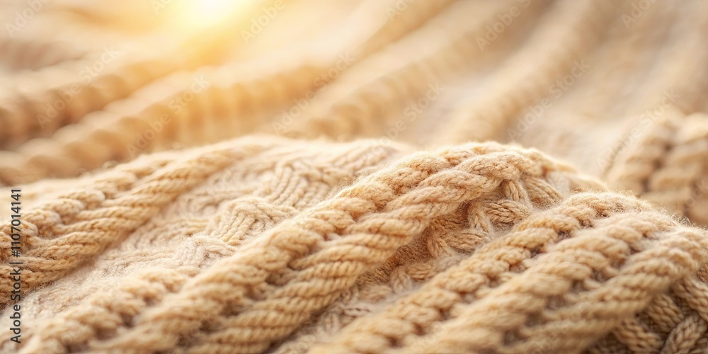 Close-up view of a textured beige knitted fabric, showcasing intricate cable knit pattern and soft yarn fibers in warm sunlight. Close-up view of a textured beige knitted fabric, showcasing intricate cable knit pattern and soft yarn fibers in warm sunlight.