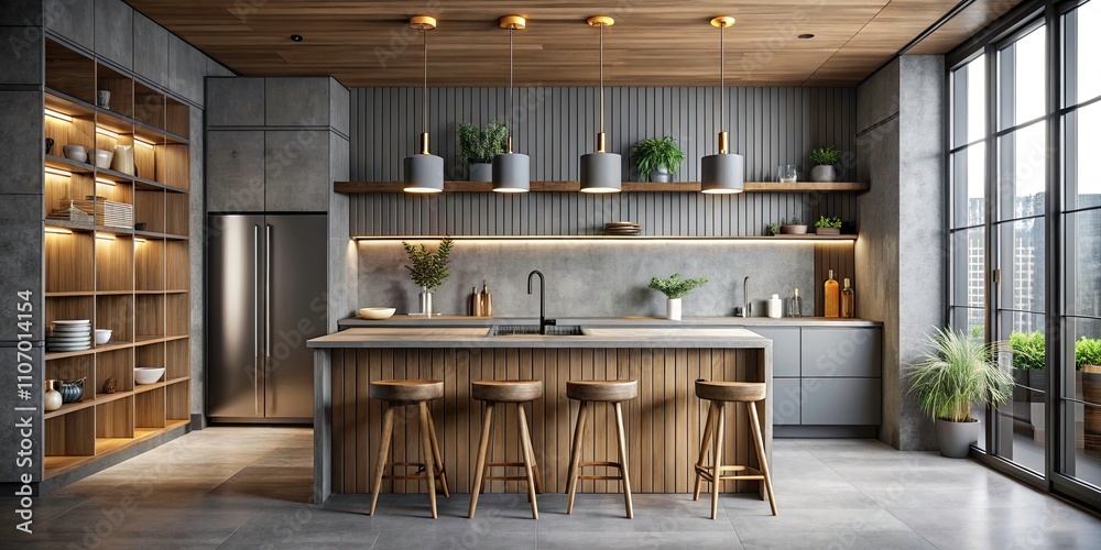 Surreal Gray and Wooden Kitchen Interior with Bar - Modern Design, Minimalist Aesthetics, Cozy Atmosphere, Stylish Decor, Unique Layout, Contemporary Furniture, Artistic Elements Surreal Gray and Wooden Kitchen Interior with Bar - Modern Design, Minimalist Aesthetics, Cozy Atmosphere, Stylish Decor, Unique Layout, Contemporary Furniture, Artistic Elements