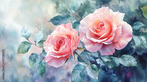 Romantic pink roses blooming against a soft watercolor background