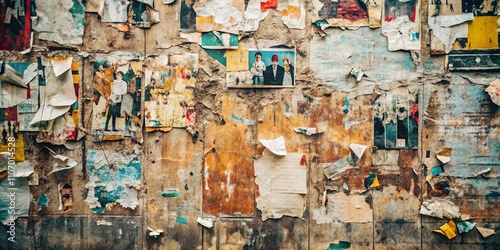 A weathered wall showcasing a collage of layered, faded, and torn posters and photographs revealing a rich tapestry of textures and colors.