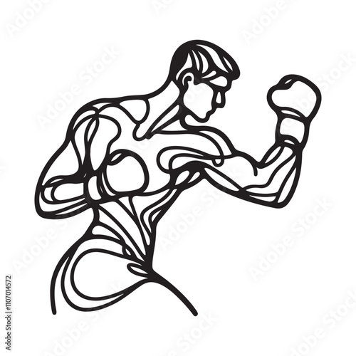 One continuous single drawing black line art doodle of forming a boxer in mid punch, athletic and strong, illustration on white background