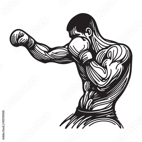One continuous single drawing black line art doodle of forming a boxer in mid punch, athletic and strong, illustration on white background