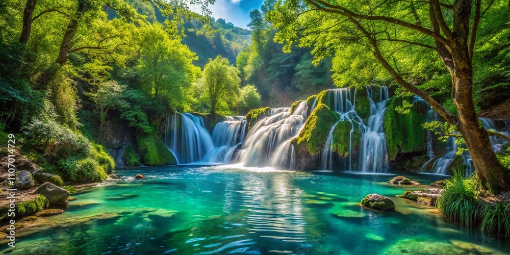 Obraz premium Majestic Waterfall in the Lush Forest of Albania Surrounded by Vibrant Greenery and Crystal-Clear Water, Capturing Nature's Serenity and Beauty in a Breathtaking Landscape Scene