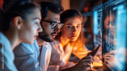 Scientists analyzing data on computer screens in a lab setting.