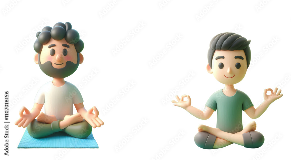 Two Cartoon Characters Meditating in Lotus Position with Hands in Gyan Mudra, Isolated on Transparent and White Background Two Cartoon Characters Meditating in Lotus Position with Hands in Gyan Mudra, Isolated on Transparent and White Background