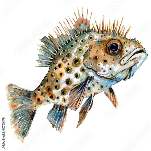 A watercolor of a Porcupinefish, isolated on a white background. Porcupinefish vector.