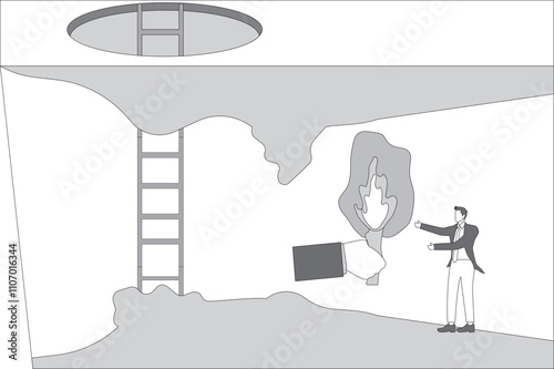 Big hand giving a flaming torch to a businessman