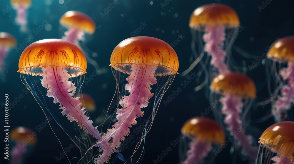Obraz premium Orange and pink jellyfish underwater, dark background.