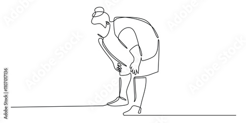 continuous line drawing of tired fat woman.one line drawing of fat woman holding tired knees in exercise.simple single line vector illustration.isolated white background