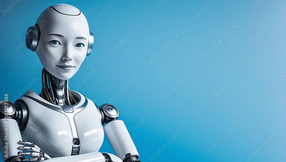 Artificial Intelligence with Folded Hands on Blue Background copy space, robot copy space background, humaniod Artificial Intelligence with Folded Hands on Blue Background copy space, robot copy space background, humaniod
