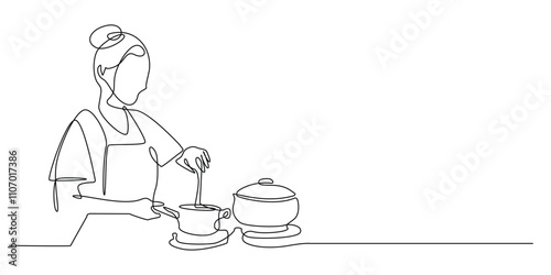 continuous line drawing of woman cooking happily.one line drawing portrait of mother cooking in the kitchen.abstract line art.simple single line vector illustration.isolated white background