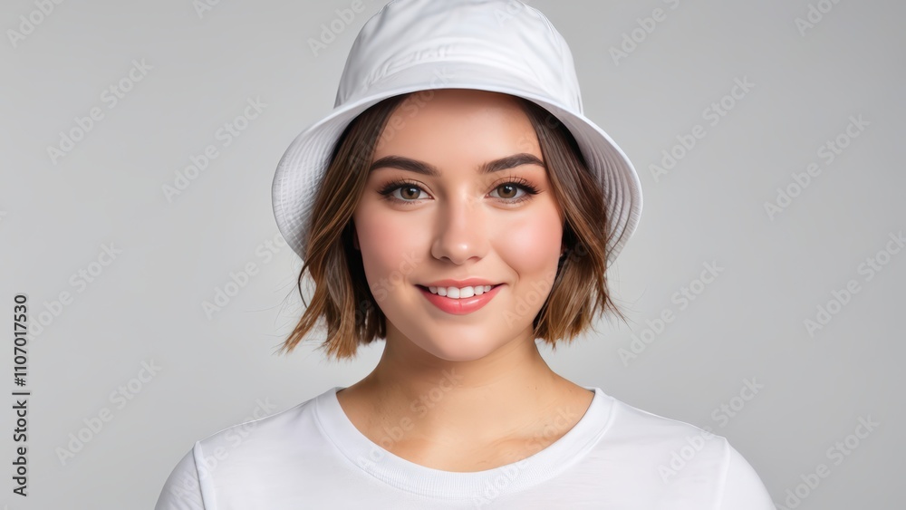 Plus size young woman with short hair wearing white t-shirt and white bucket hat isolated on grey background Plus size young woman with short hair wearing white t-shirt and white bucket hat isolated on grey background