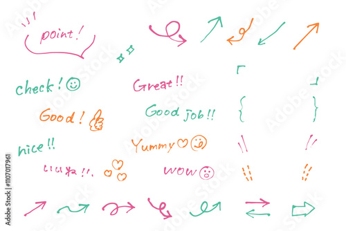 ポイントになるふきだしや矢印などのかわいい手書き素材、ベクター