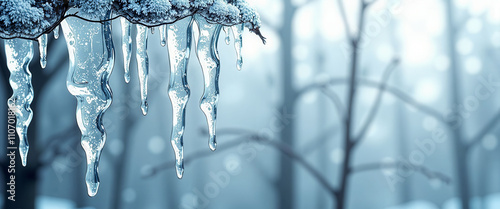 A branch covered in icicles is hanging from a tree. The icicles are dripping water, creating a beautiful and serene scene. Concept of calmness and tranquility, as the icicles slowly melt photo