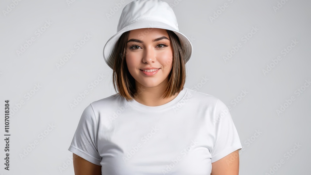 Plus size young woman with short hair wearing white t-shirt and white bucket hat isolated on grey background Plus size young woman with short hair wearing white t-shirt and white bucket hat isolated on grey background