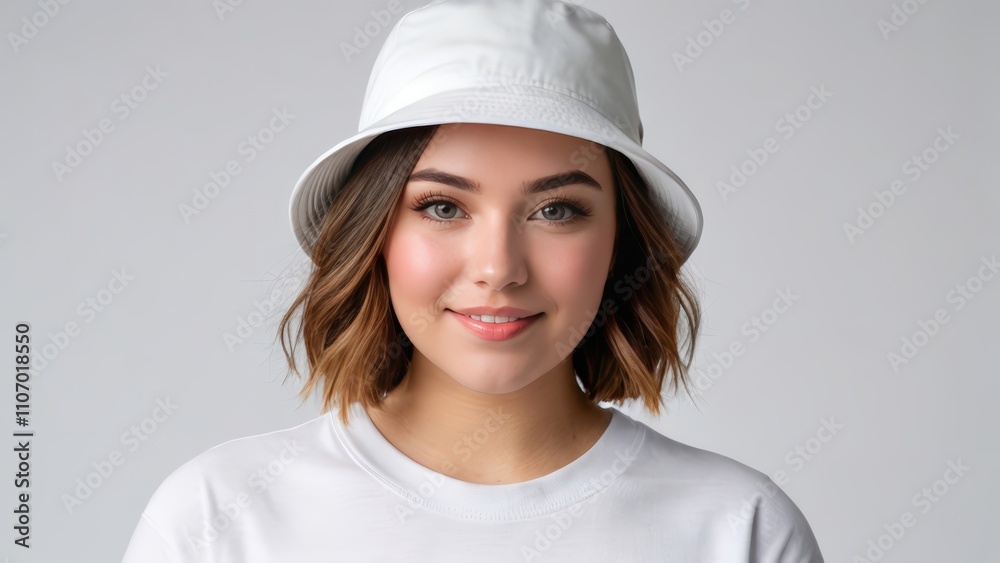 Plus size young woman with short hair wearing white t-shirt and white bucket hat isolated on grey background Plus size young woman with short hair wearing white t-shirt and white bucket hat isolated on grey background
