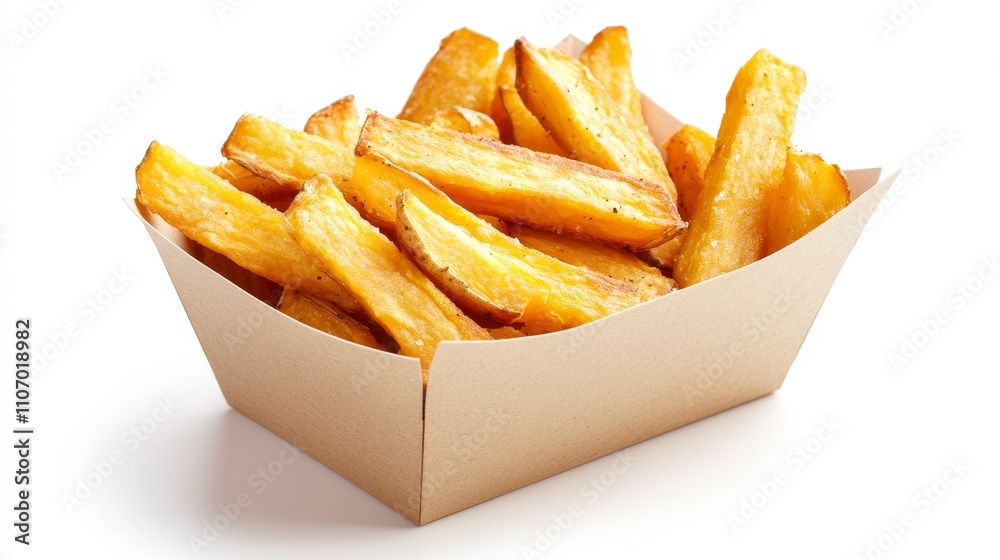 A box of golden sweet potato fries, perfectly seasoned and crispy, arranged on a clean white background, minimalistic style