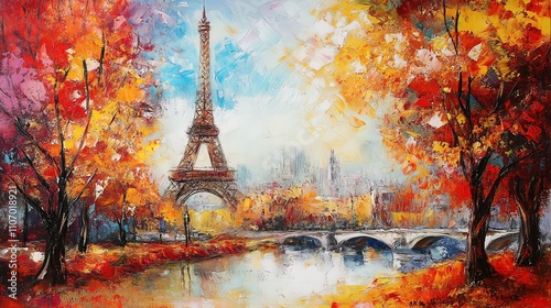 A vibrant oil painting of the Eiffel Tower in Paris, France, surrounded by fall foliage and a river.