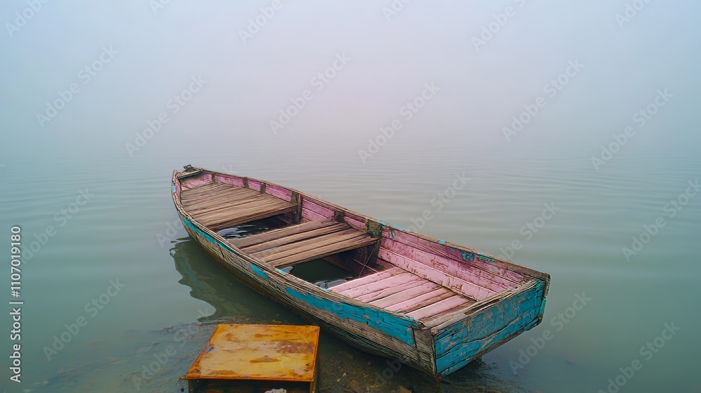 Old Wooden Pier Extending into Misty Lake at Dawn Old Wooden Pier Extending into Misty Lake at Dawn