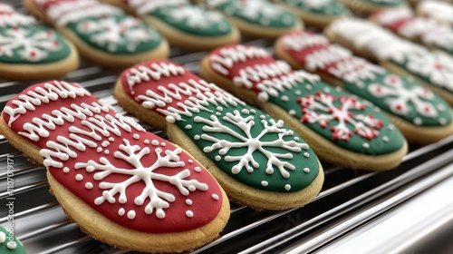 Close-up of Christmas mitten-shaped cookies decorated with vibrant red, green, and white icing, featuring intricate snowflake patterns and candy cane stripes