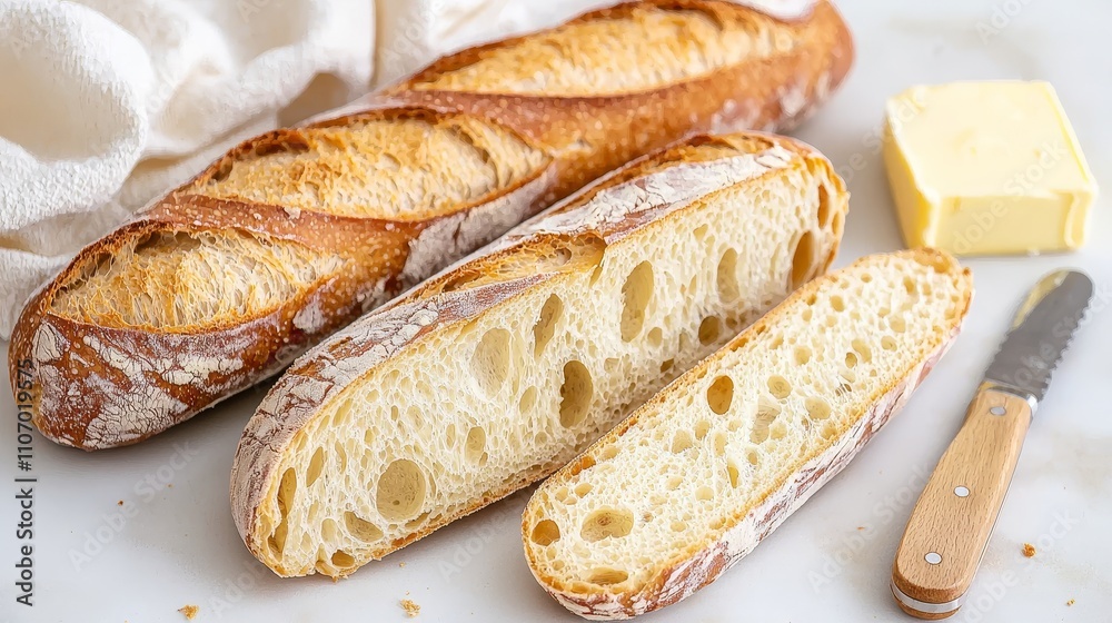 A close-up of a sliced baguette, showing airy interiors and a golden crust, placed beside a knife and butter A close-up of a sliced baguette, showing airy interiors and a golden crust, placed beside a knife and butter