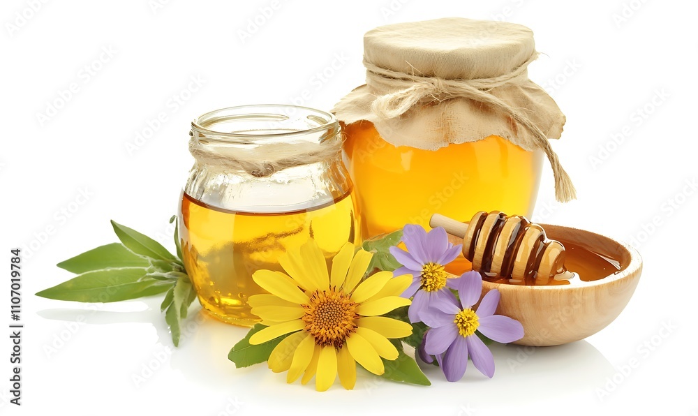 Golden Honey Jars With Flowers And Dipper