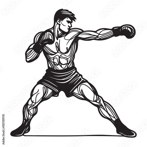 One continuous single drawing black line art doodle of forming a boxer in mid punch, athletic and strong, illustration on white background