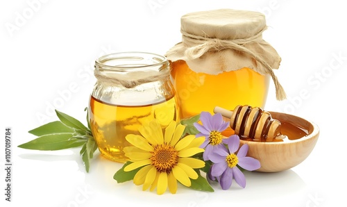 Obraz na płótnie Golden Honey Jars With Flowers And Dipper w salonie