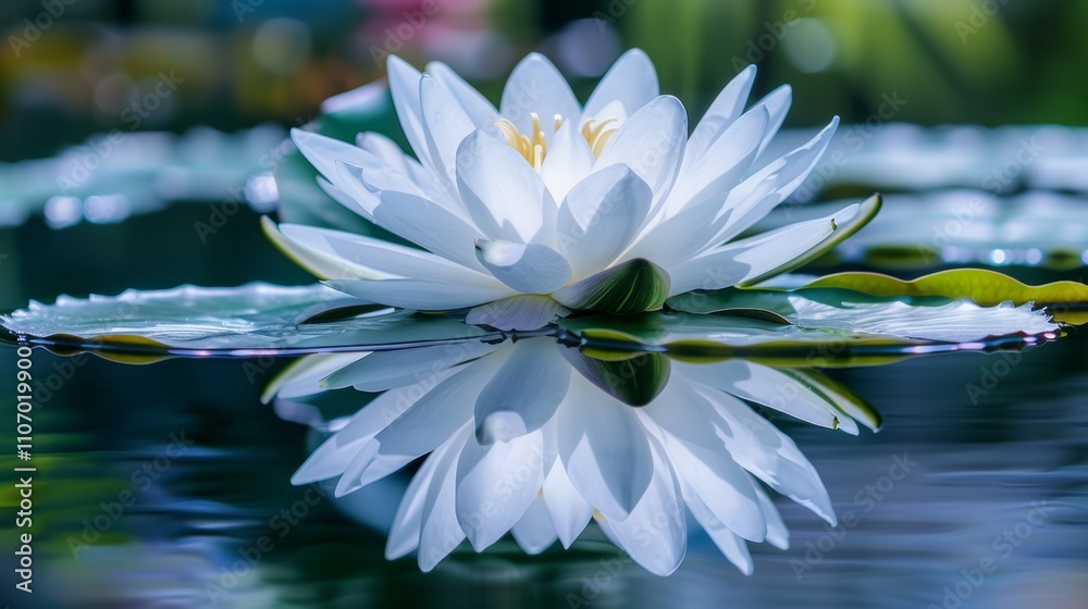 Serene White Water Lily Floating on Calm Water, Reflecting its Beauty in a Perfect Mirror Image. A Tranquil Garden Pond Scene. Serene White Water Lily Floating on Calm Water, Reflecting its Beauty in a Perfect Mirror Image. A Tranquil Garden Pond Scene.